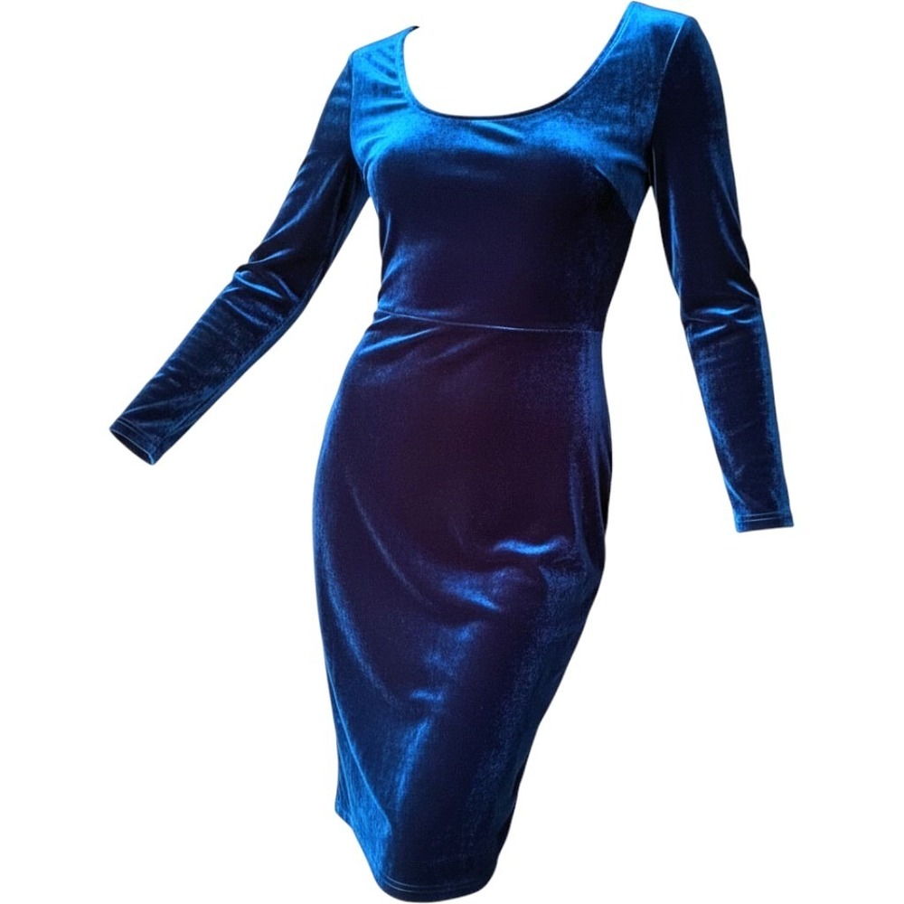 VTG Acevog Teal Velvet Pencil Dress Womens L Below Knee Bodycon Quarter Sleeve